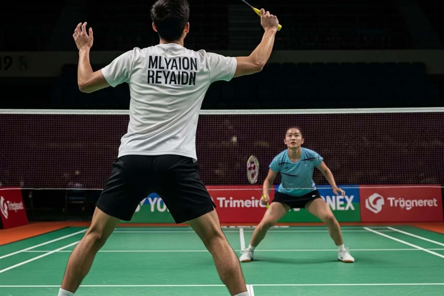 Paire mixte de badminton en position offensive sur le court