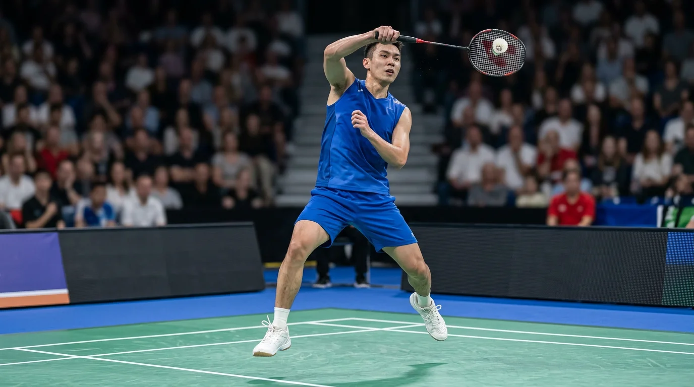 Match de badminton en simple messieurs sur court international, joueur en plein smash